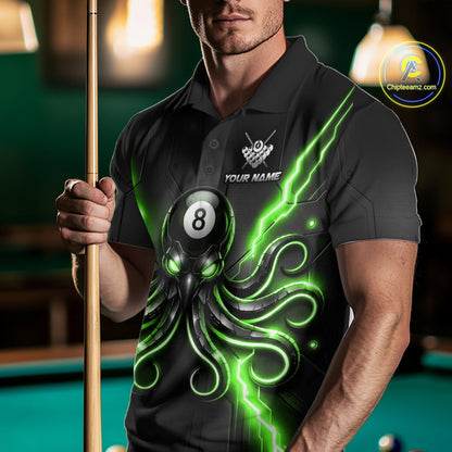 Male model wearing Green Octopus pool jersey, personalized billiard league apparel, competitive player
