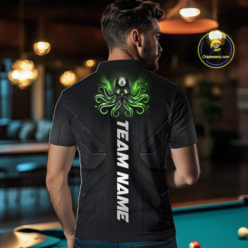 Male model wearing Green Octopus pool jersey, personalized billiard league apparel, competitive player