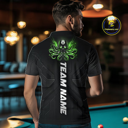 Male model wearing Green Octopus pool jersey, personalized billiard league apparel, competitive player