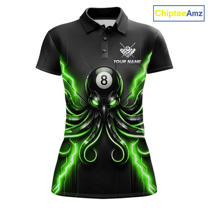 Thunder Green Octopus 8 Ball Women's Billiard Polo, Personalized Funny Pool Team Jersey