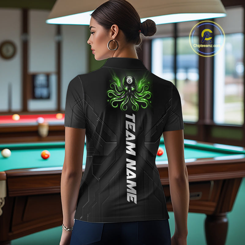 Female model wearing Green Octopus billiard polo, cue sports athlete, marine lifestyle, custom tournament apparel