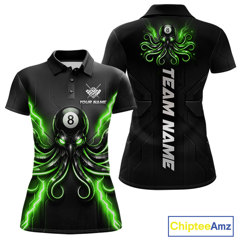 Thunder Green Octopus 8 Ball Women's Billiard Polo, Personalized Funny Pool Team Jersey