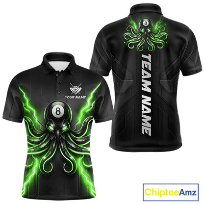 Thunder Green Octopus 8 Ball Men's Billiard Polo, Personalized Pool League Team Jersey