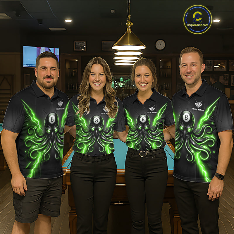 Pool team in Green Octopus jerseys, custom league uniforms, billiard teamwork.