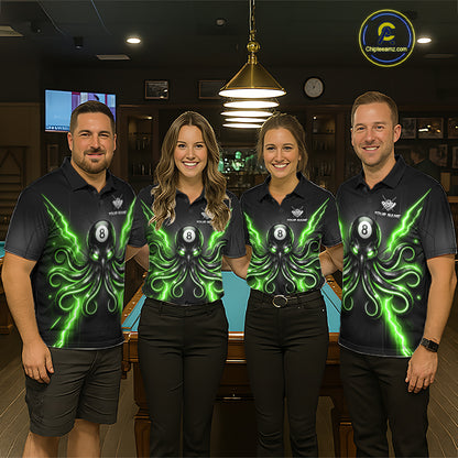 Pool team in Green Octopus jerseys, custom league uniforms, billiard teamwork.