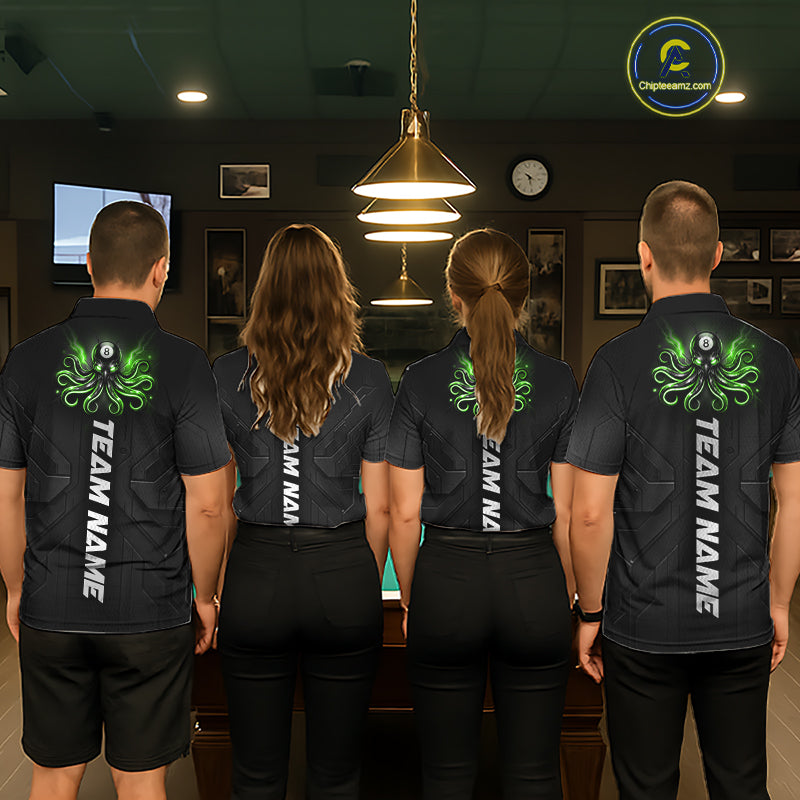 Pool team in Green Octopus jerseys, custom league uniforms, billiard teamwork.