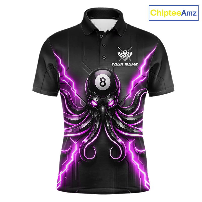 Thunder Purple Octopus 8 Ball Men's Billiard Polo, Personalized League Apparel