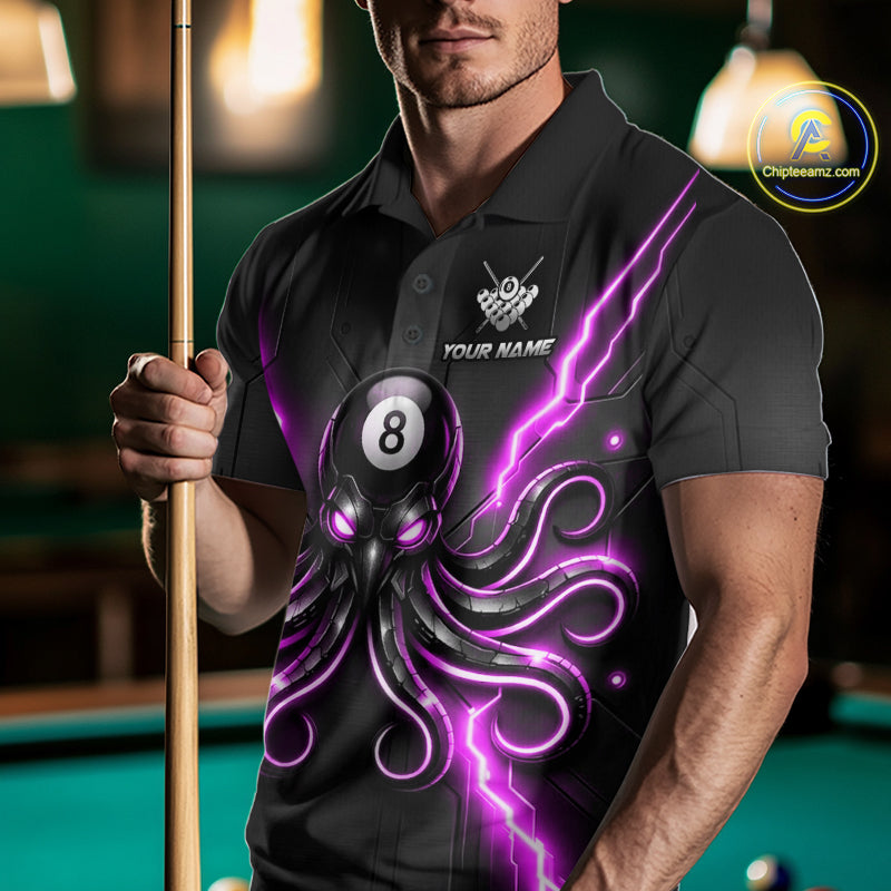 Male model wearing Purple Octopus billiard shirt, custom league uniform, tournament style