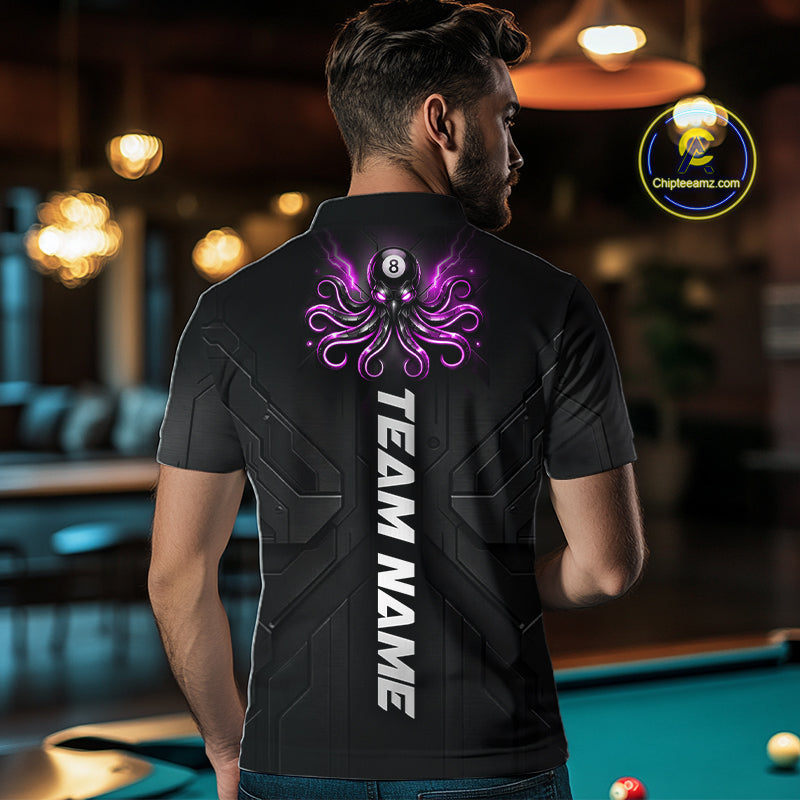 Male model wearing Purple Octopus billiard shirt, custom league uniform, tournament style