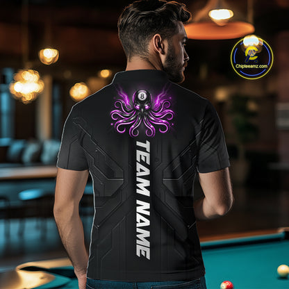 Male model wearing Purple Octopus billiard shirt, custom league uniform, tournament style