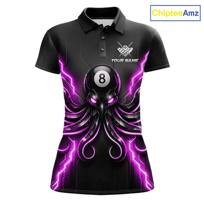 Thunder Purple Octopus 8 Ball Women's Billiard Polo, Personalized Pool Team Jersey