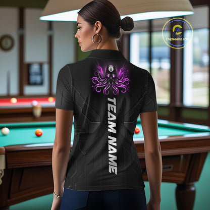Female model wearing Purple Octopus billiard polo, premium cue sports fashion, personalized team apparel