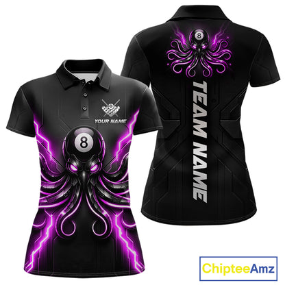 Thunder Purple Octopus 8 Ball Women's Billiard Polo, Personalized Pool Team Jersey.