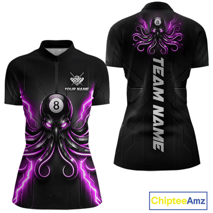 Thunder Purple Octopus Women's Quarter-Zip Billiard Jersey, Custom Pool Tournament Shirt