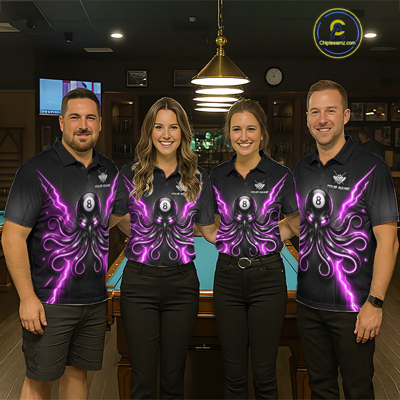 Octopus billiard shirt, custom league uniform, tournament style
Team wearing Purple Octopus billiard jerseys, billiard championships.