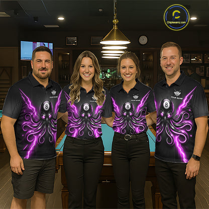 Octopus billiard shirt, custom league uniform, tournament style
Team wearing Purple Octopus billiard jerseys, billiard championships.