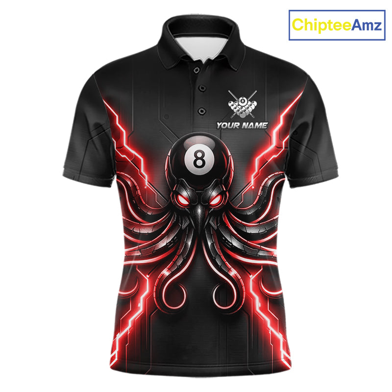 Thunder Red Octopus 8 Ball Men's Billiard Polo, Personalized Pool Team Shirt