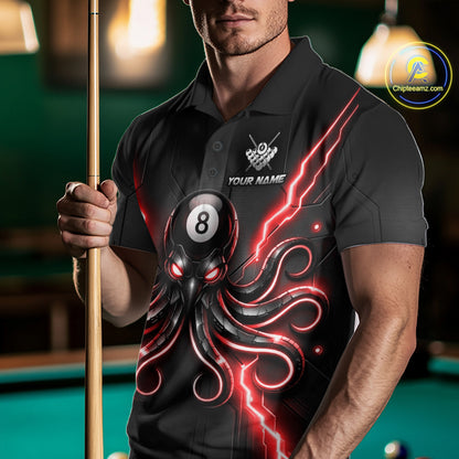 Male model wearing Thunder Red Octopus pool jersey at league tournament, athletic sportswear