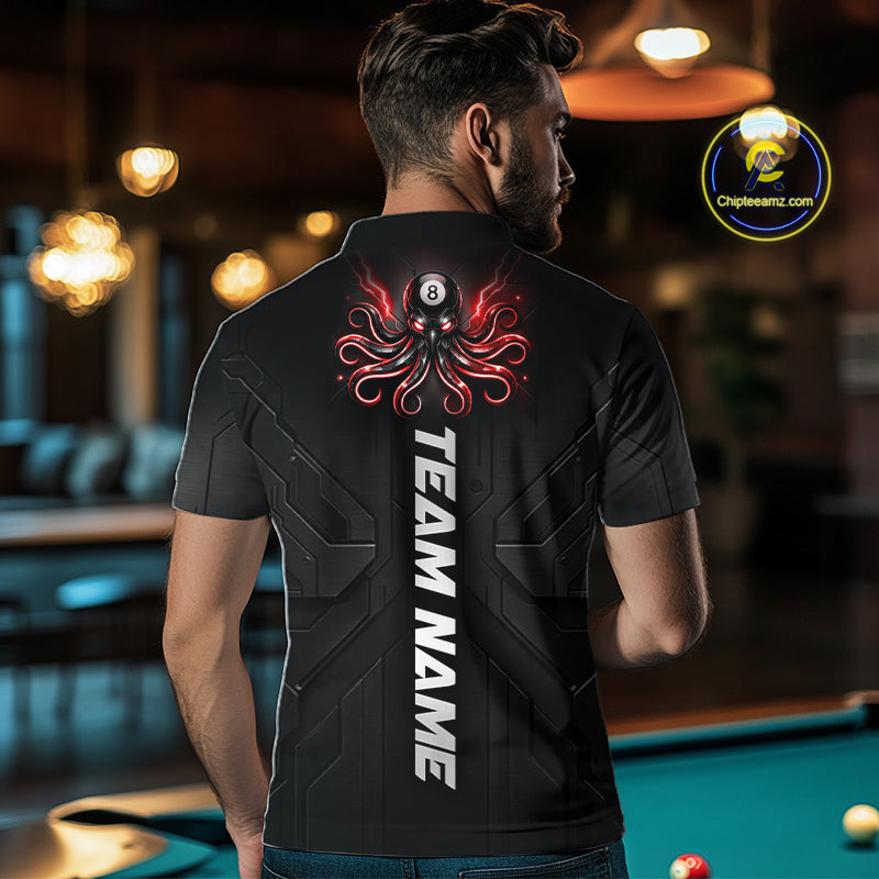 Male model wearing Thunder Red Octopus pool jersey at league tournament, athletic sportswear