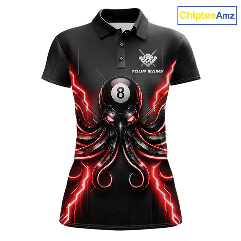 Thunder Red Octopus 8 Ball Women's Billiard Polo, Personalized Funny Pool Jersey