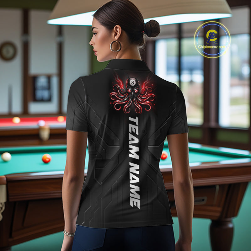 Female model wearing Red Octopus billiard polo during championship, confidence, personalized cue sports apparel