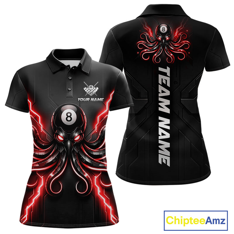 Thunder Red Octopus 8 Ball Women's Billiard Polo, Personalized Funny Pool Jersey