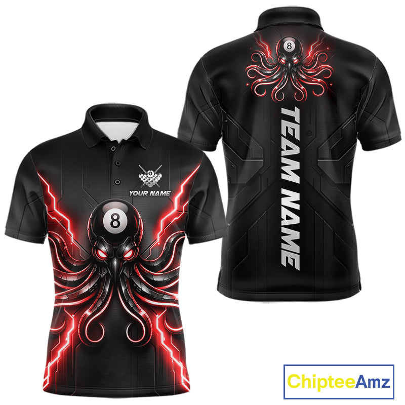 Thunder Red Octopus 8 Ball Men's Billiard Polo, Personalized Pool Team Shirt