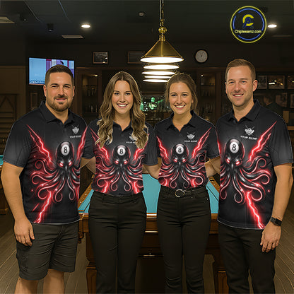 Pool team wearing Red Octopus billiard jerseys, teamwork, billiard  championship.
