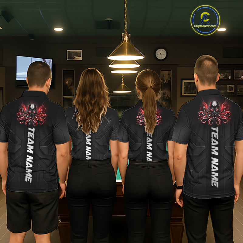 Pool team wearing Red Octopus billiard jerseys, teamwork, billiard  championship.