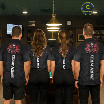 Pool team wearing Red Octopus billiard jerseys, teamwork, billiard  championship.