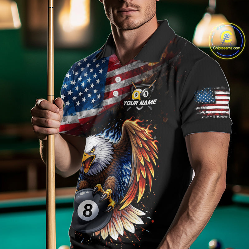Flame Gunge American Flag Eagle 8 Ball & 9 Ball Billiard Shirt For Men Custom Patriotic Pool Team Jersey NYN4354