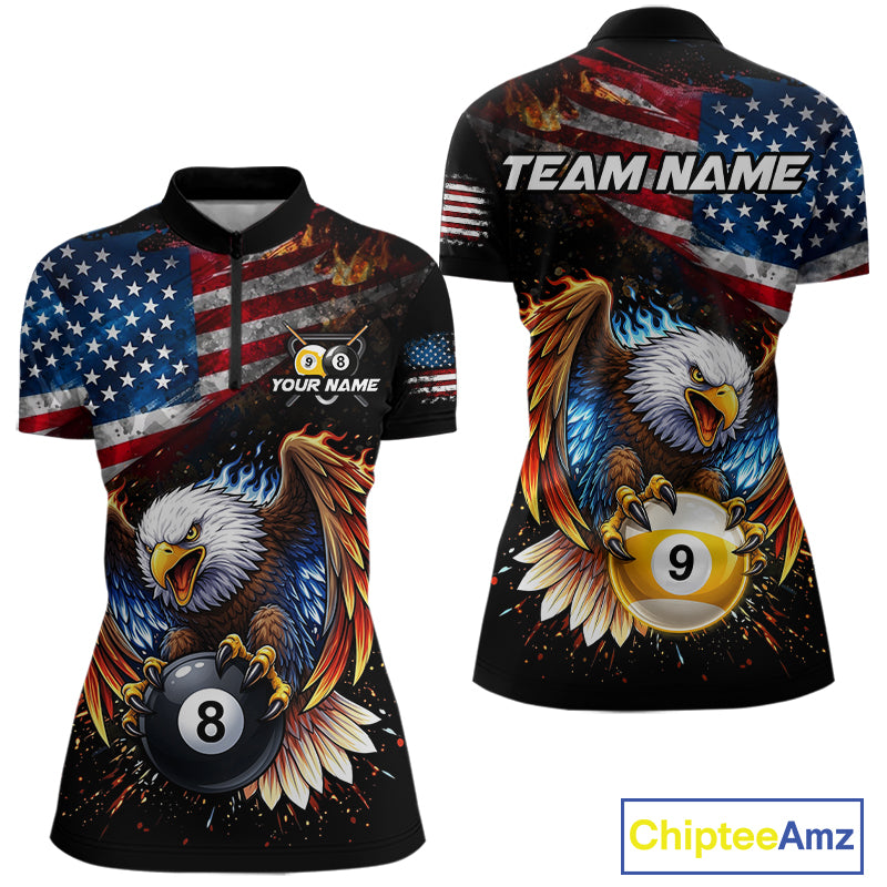 Flame Gunge American Flag Eagle 8 Ball & 9 Ball Billiard Shirt For Women Custom Patriotic Pool Team Jersey NYN4354