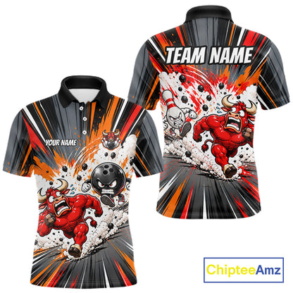 Bull Charger Pins Bowling Shirt For Men Custom Name Team Bowler Polo 1/4-Zip Funny Bowling Jersey NYN5096