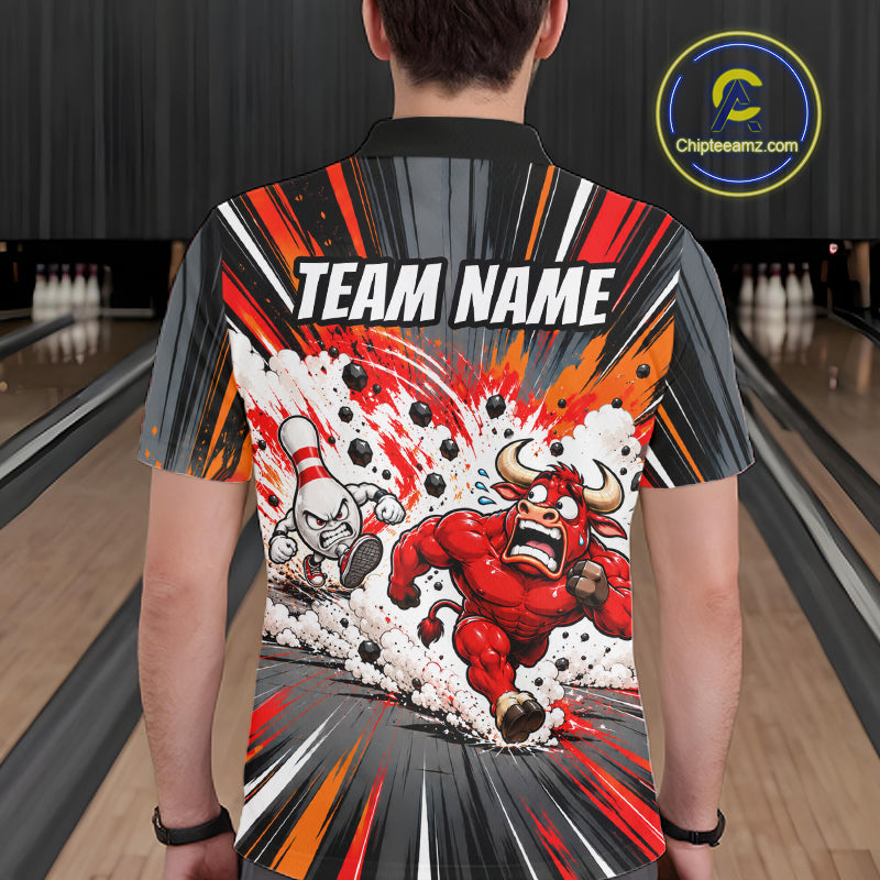 Bull Charger Pins Bowling Shirt For Men Custom Name Team Bowler Polo 1/4-Zip Funny Bowling Jersey NYN5096