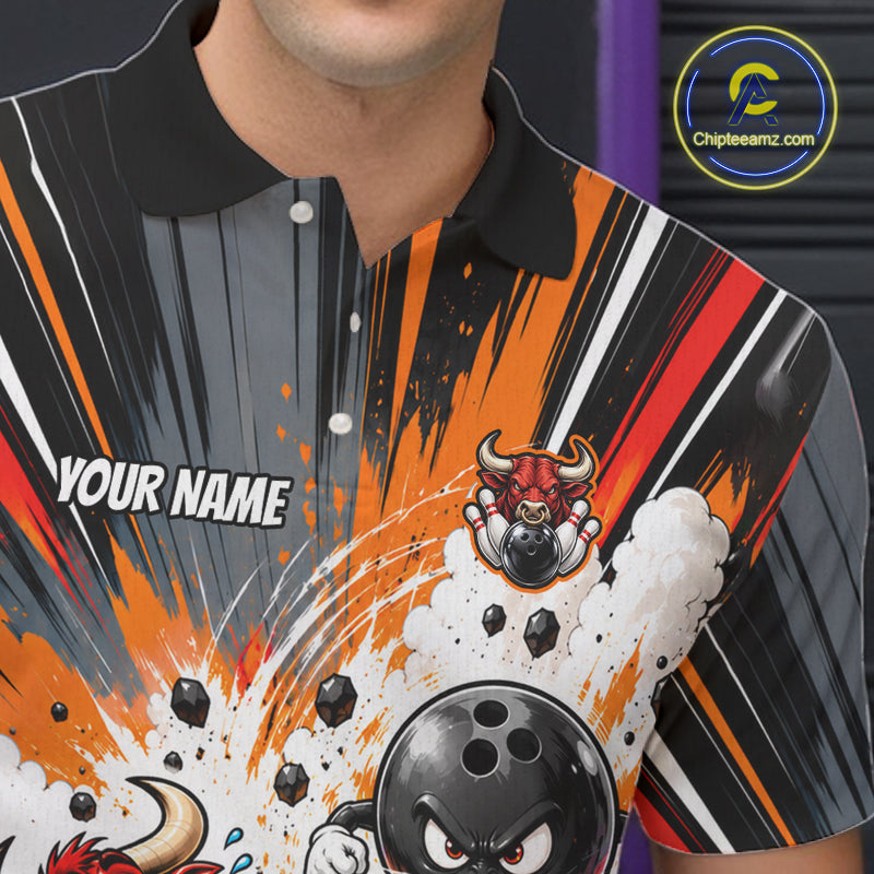Bull Charger Pins Bowling Shirt For Men Custom Name Team Bowler Polo 1/4-Zip Funny Bowling Jersey NYN5096