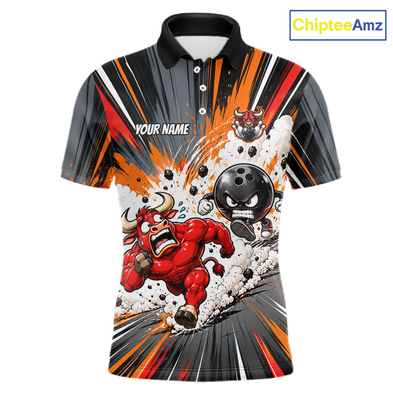 Bull Charger Pins Bowling Shirt For Men Custom Name Team Bowler Polo 1/4-Zip Funny Bowling Jersey NYN5096