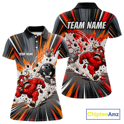 Bull Charger Pins Bowling Shirt For Women Custom Name Team Bowler Polo 1/4-Zip Funny Bowling Jersey NYN5096