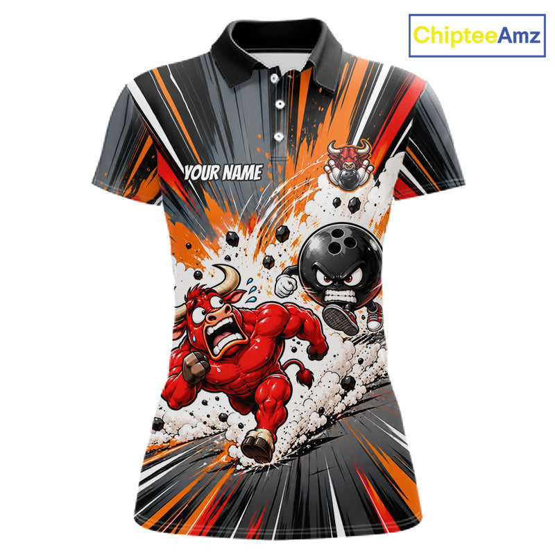 Bull Charger Pins Bowling Shirt For Women Custom Name Team Bowler Polo 1/4-Zip Funny Bowling Jersey NYN5096