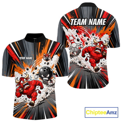 Bull Charger Pins Bowling Shirt For Men Custom Name Team Bowler Polo 1/4-Zip Funny Bowling Jersey NYN5096