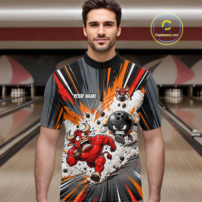 Bull Charger Pins Bowling Shirt For Men Custom Name Team Bowler Polo 1/4-Zip Funny Bowling Jersey NYN5096