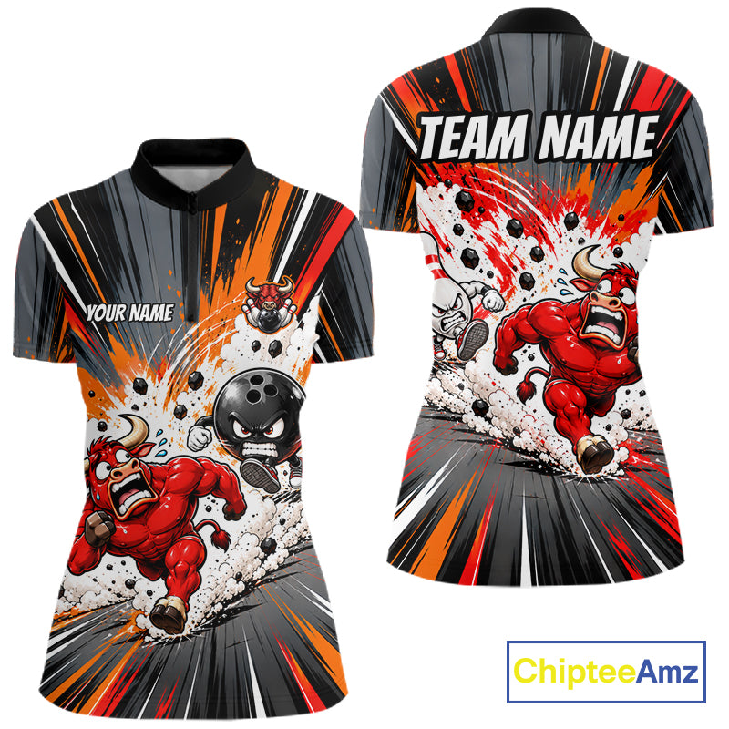 Bull Charger Pins Bowling Shirt For Women Custom Name Team Bowler Polo 1/4-Zip Funny Bowling Jersey NYN5096