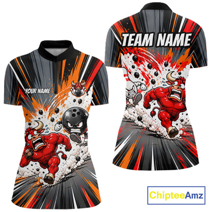 Bull Charger Pins Bowling Shirt For Women Custom Name Team Bowler Polo 1/4-Zip Funny Bowling Jersey NYN5096