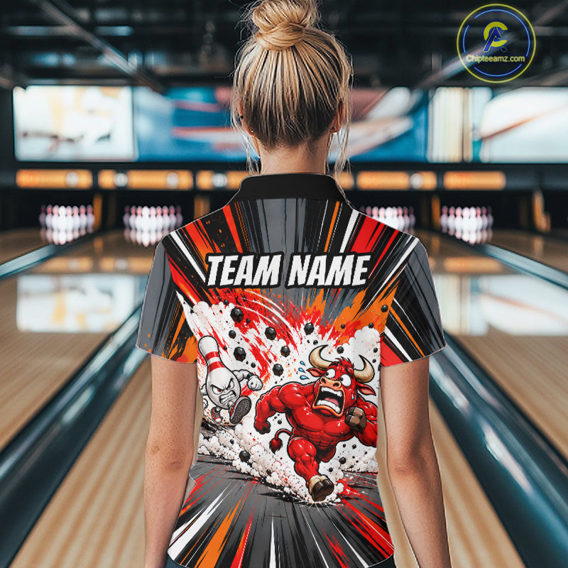 Bull Charger Pins Bowling Shirt For Women Custom Name Team Bowler Polo 1/4-Zip Funny Bowling Jersey NYN5096