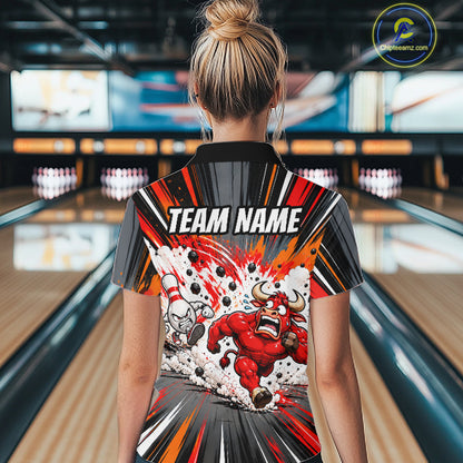 Bull Charger Pins Bowling Shirt For Women Custom Name Team Bowler Polo 1/4-Zip Funny Bowling Jersey NYN5096