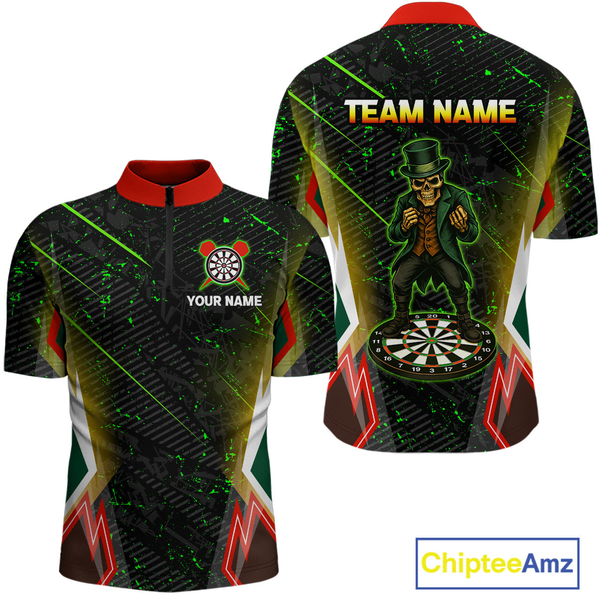 Green Skeleton With Urban Neon Men's Dart Shirt - Custom Name For Darts Jersey NYN0430