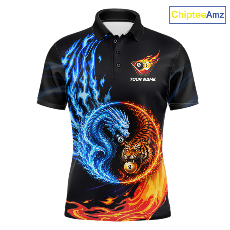 Dragon 8 Ball Tiger 9 Ball Men's Billiard Polo, Water Fire Pool League Jersey