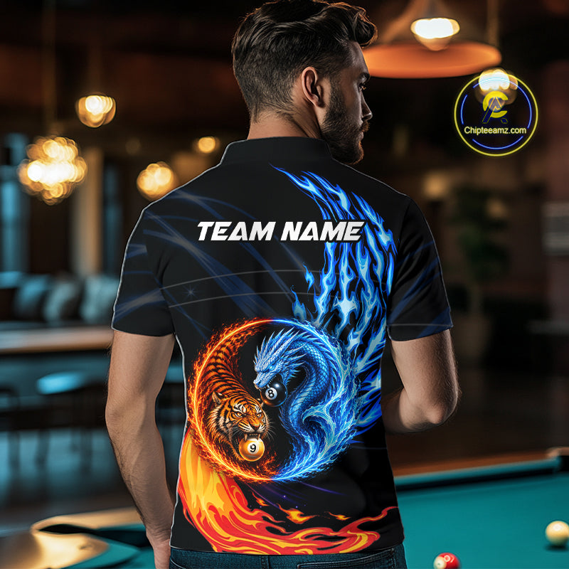 Male model wearing Dragon Tiger pool jersey during APA championship, confidence, competitive cue sports