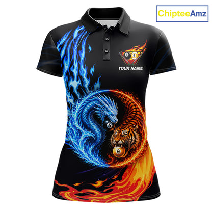 Dragon 8 Ball Tiger 9 Ball Women's Billiard Polo, Blue Red Flame Pool Team Jersey, Personalized Cue Sports Apparel