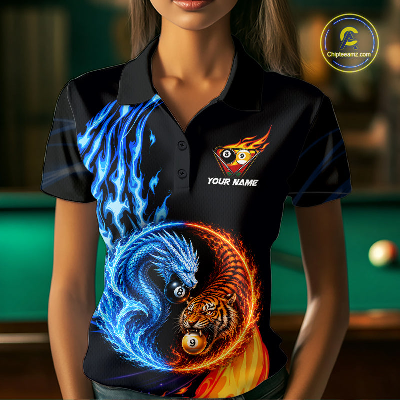 Female model wearing Dragon Tiger billiard polo, water & fire billiard, custom team apparel.