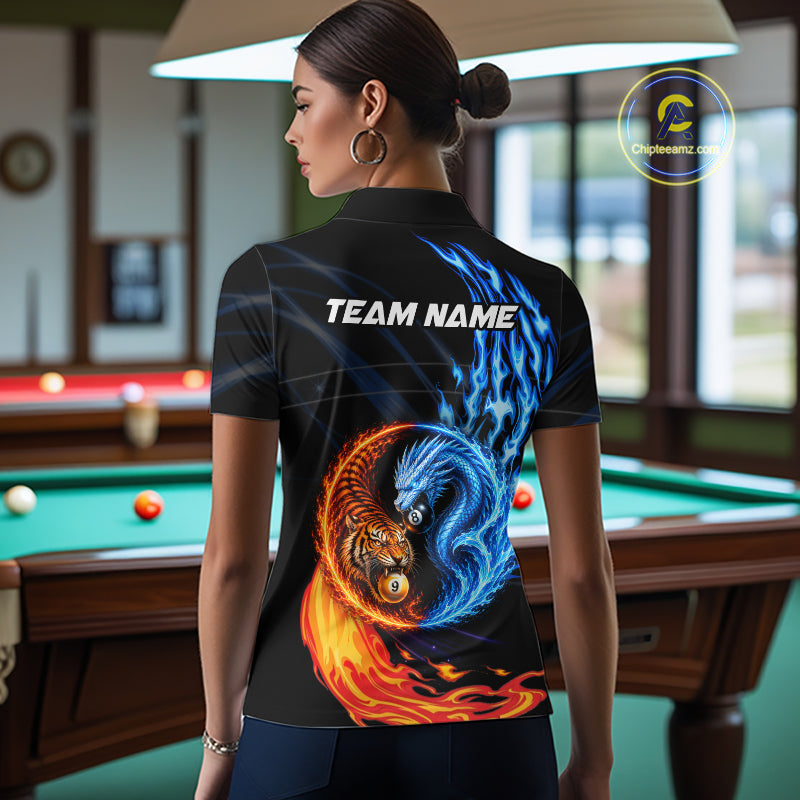 Female model wearing Dragon Tiger billiard polo, water & fire billiard, custom team apparel.